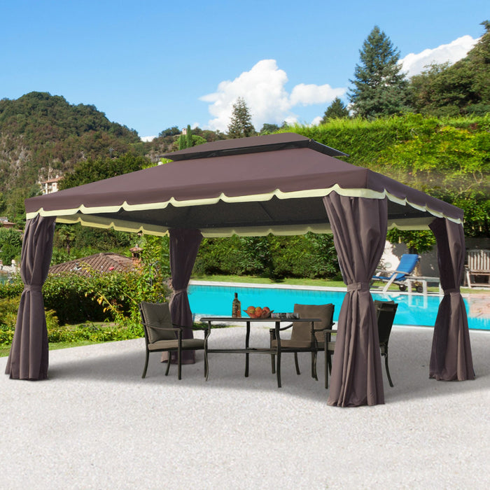 Outsunny 10' x 13' Patio gazebo, aluminum Frame Double Roof Outdoor Gazebo Canopy Shelter With Netting & Curtains, For Garden, Lawn, Backyard And Deck, Coffee