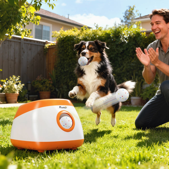 PawHut Upgraded 26-59-79ft Large Big Automatic Dog Ball Launcher for Large Medium Dogs, Outdoor Ball Launcher with 3* 2.5inch ETPU Tennis Play Toys, Interactive Dog Toys
