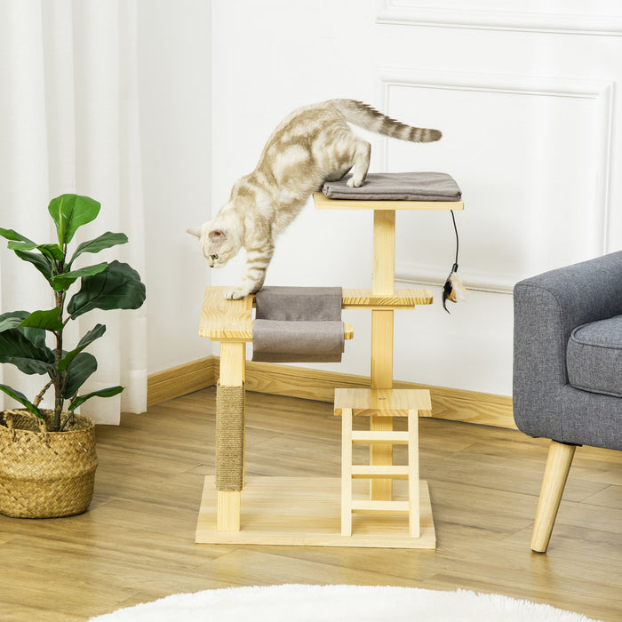Pawhut 25.5\" Cat Tree Kitty Tower Activity Center Pinewood Cat Climbing Toy Indoor Outdoor Pet Furniture With Jute Scratching Post Bed Perch Hanging Toy Ladder Cushion Natural