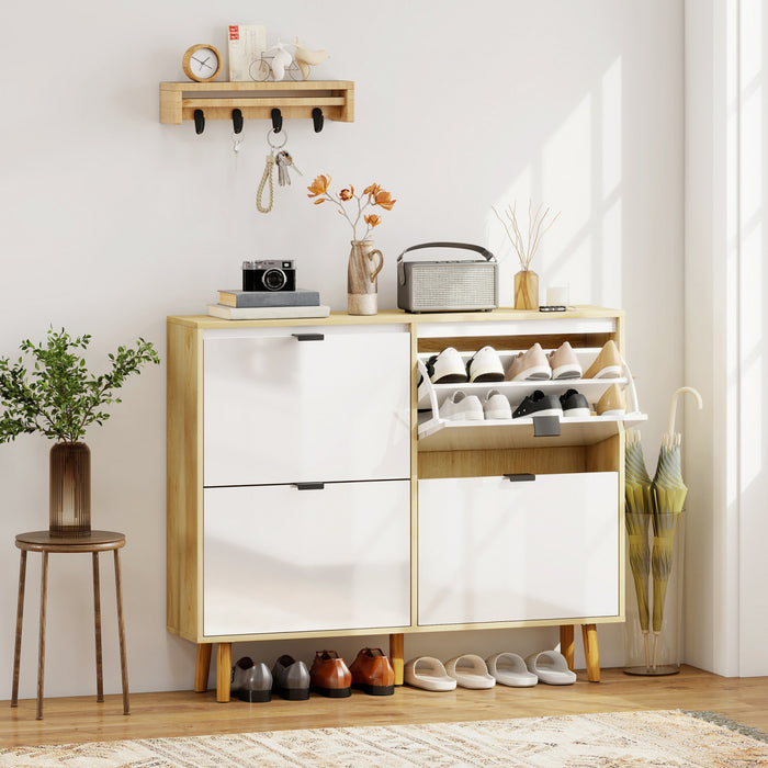 HOMCOM Narrow Shoe Cabinet, 4 Flip Drawers Shoe Storage Cabinet, White