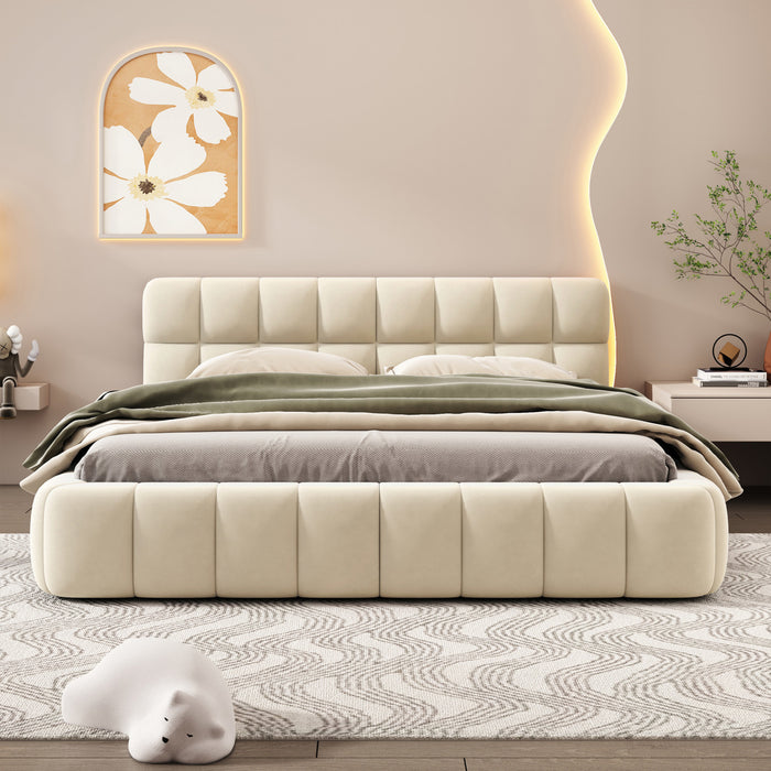 Jessica Upholstered Platform Bed with Comfortable Linen Fabric and Sturdy Frame,Queen Size,Beige Queen Bed