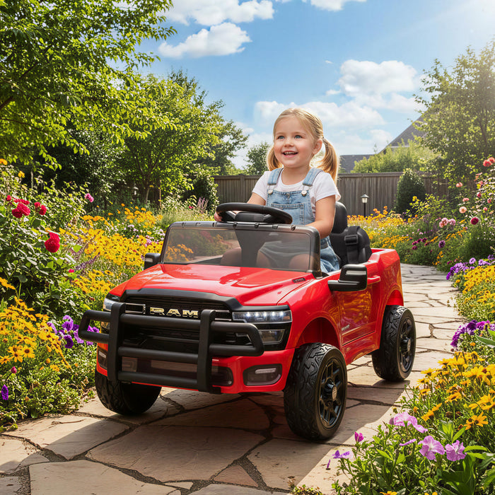 Qaba 12V Kids Car, Electric Ride on Vehicle Licensed Dodge RAM 3500 Battery Powered with Remote Control, Rear Suspension, Bluetooth, Power Display and LED Light for 3-5 Years, Red