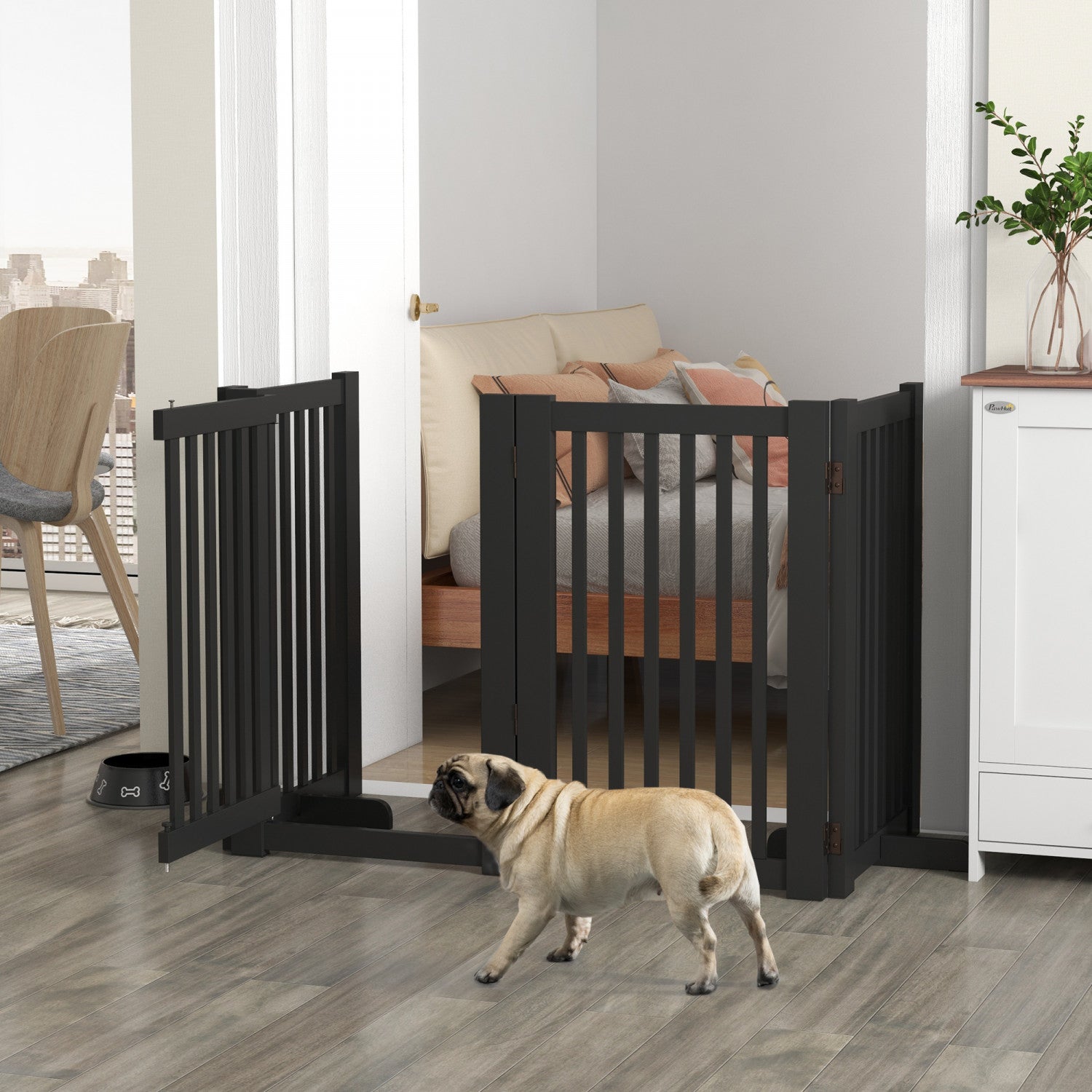 Pawhut Free Standing Wooden Pet Gate Indoor Dog Barrier Foldable