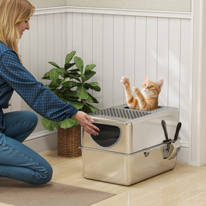 PawHut Stainless Steel Cat Litter Box with Lid, Extra Large Enclosed Litter Box with Top Litter-Catching Holes, Scoop, Dual Entry, Easy Clean, Silver