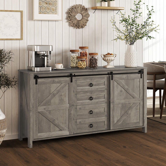 HOMCOM Farmhouse Sideboard Buffet Cabinet with Doors Distressed Light Grey