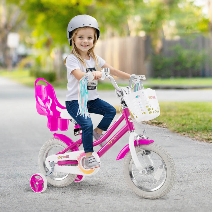 Costway 12 Inch Kids Bike With Training Wheels Doll Seat Basket Streamers Hand Brake Pink