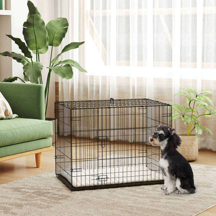 Pawhut Dog Crate, 30\" Folding Metal Dog Kennel With 2 Doors, Removable Tray, Soft Cushion, Handle, Pet Cage For Small Dogs, Black