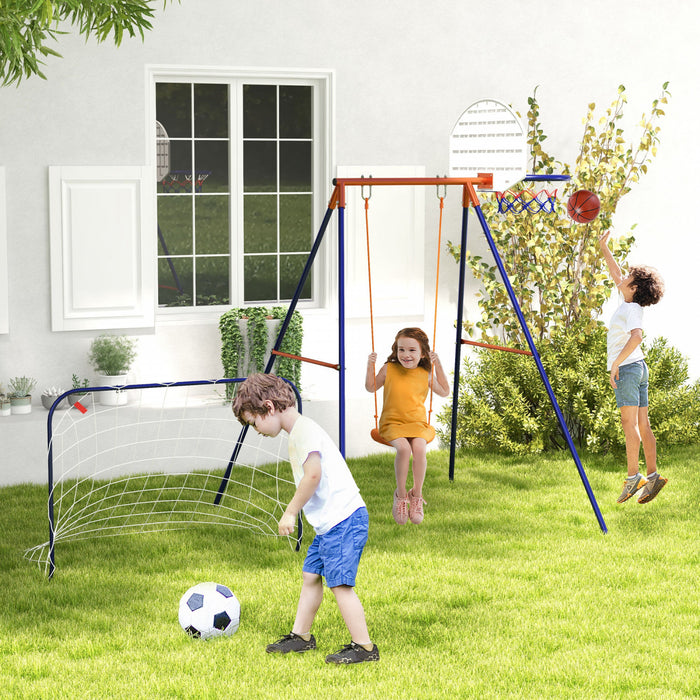 Outsunny Swing Set For Kids Outdoor 3 In 1 Metal Swing Frame With Swing Seat, Basketball Hoop And Football Goal, Ground Stakes For 3-8 Years Old