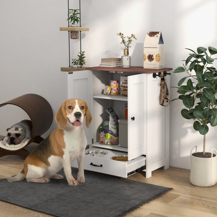 Pawhut Dog Feeding Station, Furniture Style Pet Food Storage Container With Hidden Raised Bowls, Adjustable Panel, Hooks, For Medium Sized Dogs, White