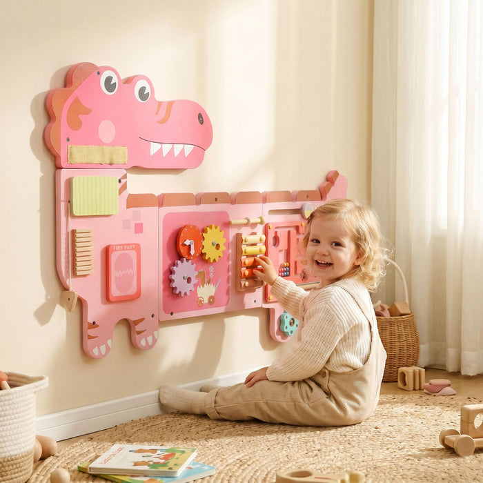 Qaba Dinosaur Busy Board Panels, Montessori Sensory Toys for Toddlers, Toddler Learning Activity Center, Wall-Mounted Learning Toy for Ages 2+, Living Room or Kids Room, Pink