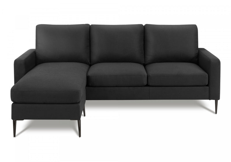 Upholstered Chaise Sofa Lounger, 85\" Wide, Black Fabric, Black Metal Legs, Modern Sofa