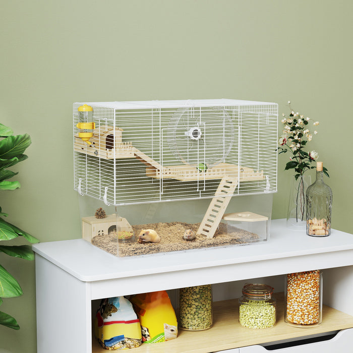 Pawhut Hamster Cage, Transparent Small Animal House With Deep Bottom, Wooden Ramp, Hut, Bathroom And Exercise Wheel For Hamster And Gerbil, 23.2\" L X 14\" W X 18.5\" H, Two Huts