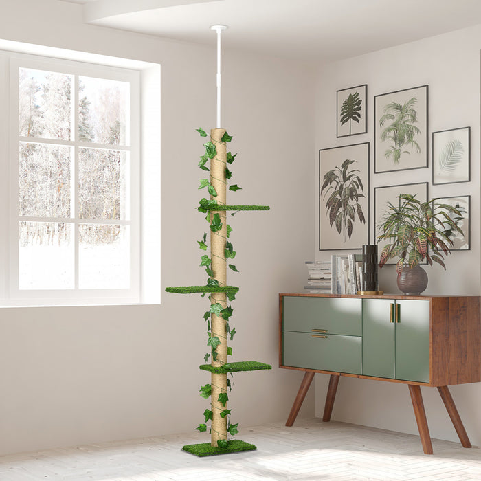 Pawhut 4-tier Floor To Ceiling Cat Tree, Height(80-95inches)adjustable, Tall Cat Tower W/ Anti-slip Kit, Leaves, Multi-layer Activity Centre W/ Scratching Post