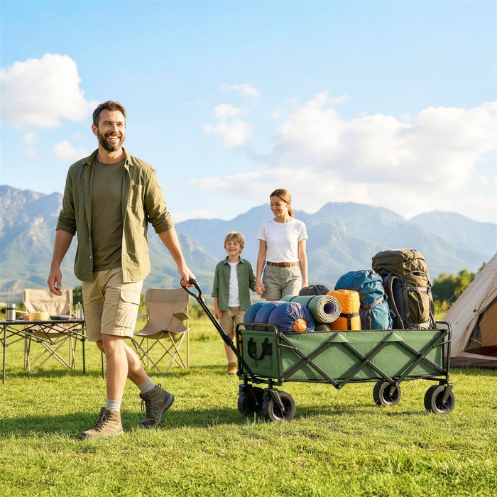 Outsunny 130L Folding Garden Cart with Wheels, Heavy-Duty Collapsible Wagon with Brakes, 550lbs Capacity, Adjustable Handle and Carry Bag for Camping, Garden, Beach, Green