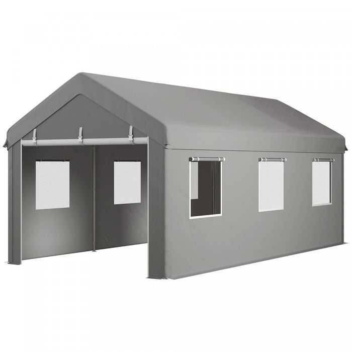 Outsunny 10' X 20' Carport, Heavy Duty Car Port With 6 Window And 2 Doors