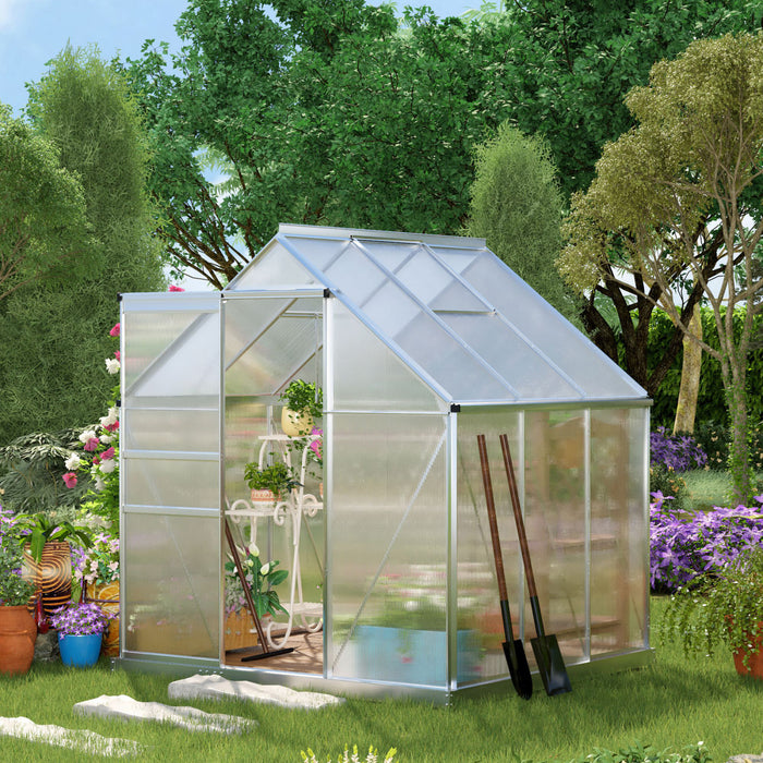 Outsunny 6' X 6' Aluminum Greenhouse Polycarbonate Walk-in Garden Greenhouse Kit With Adjustable Roof Vent, Rain Gutter And Sliding Door For Winter, Clear
