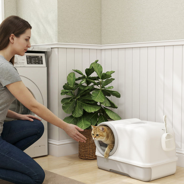 PawHut Cat Litter Box with Lid, Hooded Cat Litter Tray with Scoop, Kitty Box, Toilet, Easy Clean with Pull-Out Tray and Deodorization Bags, White and Grey