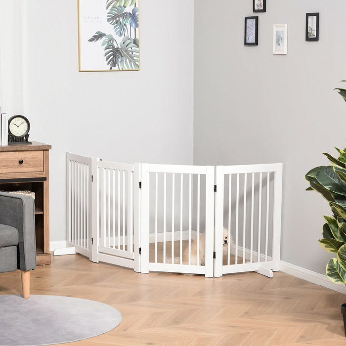 Pawhut Wooden Dog Gate, 4 Panel 36\"tall Foldable Pet Gate With 2 Support Feet For Medium And Large Dogs, For Stairway, Doorway, Hallway, White