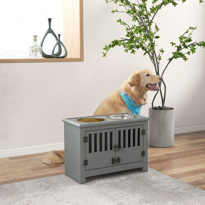 Pawhut Raised Dog Bowls, Elevated Dog Feeder With 2 Stainless Bowls, Storage Cabinet, Door, For Extra Large Dogs, Grey