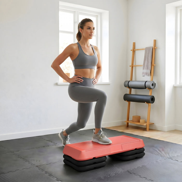 Soozier Adjustable Aerobic Stepper, 3-Level Exercise Step Platform with Risers 4\", 6\", 8\", for Home Gym Fitness Workout, 330lbs Weight Capacity, Red
