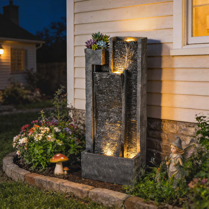 Outsunny Water Fountain with LED Lights, Cascading Waterfall Feature