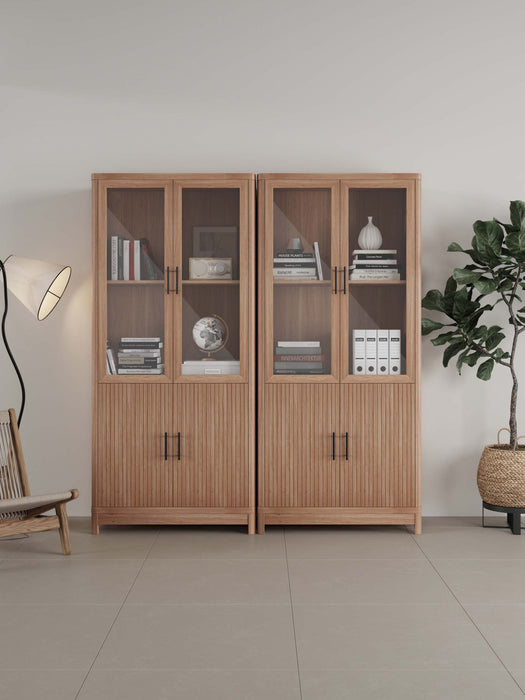 Jodie Mid-Century Modern 31\" Bookcase Cabinet in Maple (6-Shelf) - Set of 2