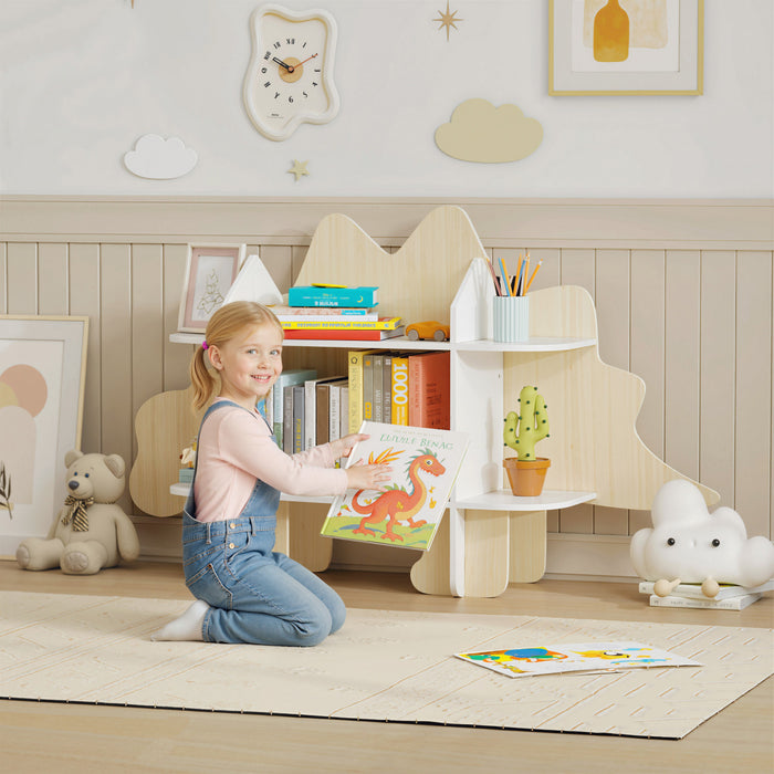 Qaba Kids Bookshelf and Toy Storage, 2 Tier Toddler Bookshelf, Kids Bookcase for Nursery, Dinosaur Design Toy Organizer for Playroom, Bedroom, Living Room, Kids Room, Natural