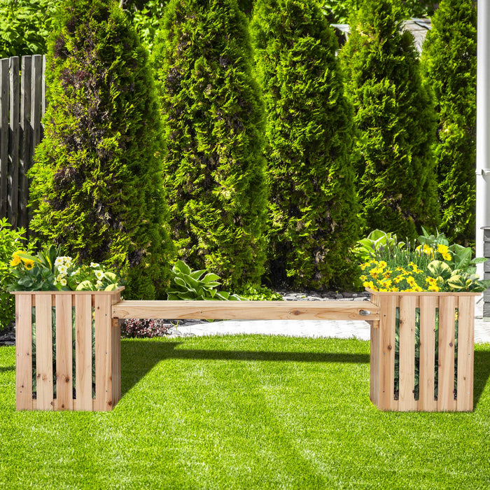 Outsunny Outdoor Wooden Garden Stool Bench With 2 Planters, Natural Wood