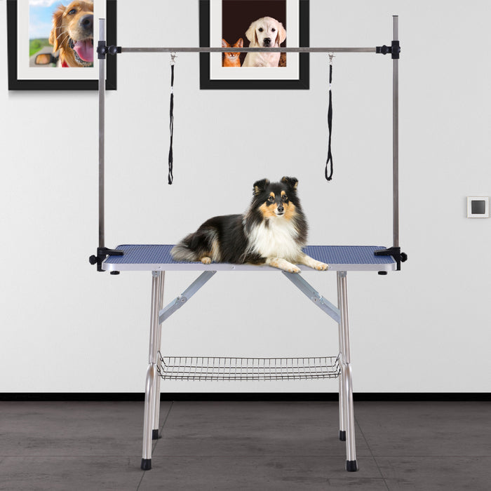 Pawhut Adjustable Dog Grooming Table Rubber Top 2 Safety Slings Mesh Storage Basket Heavy Metal Blue 42.25\"x 23.5\" X 67\"