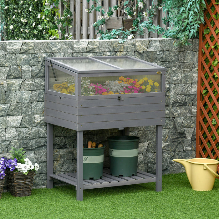Outsunny Raised Garden Bed With Cold Frame Greenhouse, Grow Grids And Storage Shelf, Outdoor 2 Tiers Elevated Wood Planter Box For Herbs And Vegetables, Use For Patio, Backyard, Balcony