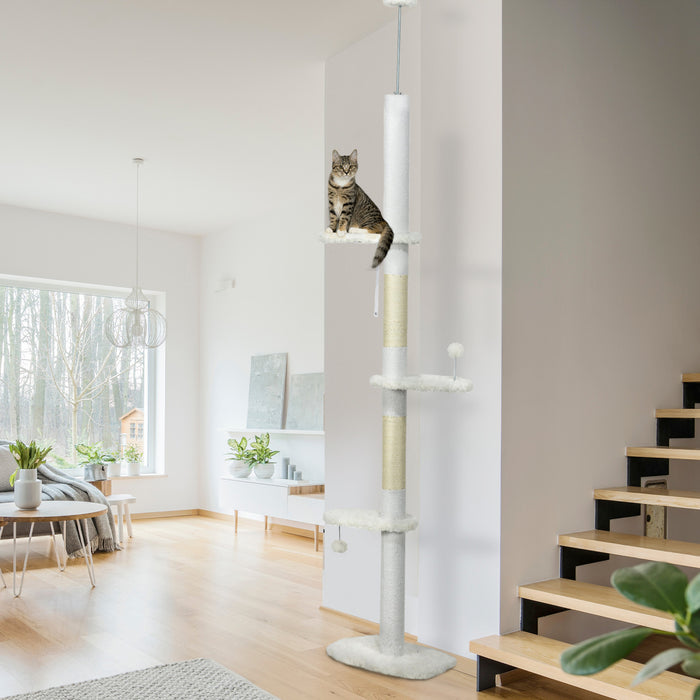 Pawhut Floor To Ceiling Cat Tree With Scratching Posts, 88.5\"-100.5\" Adjustable Height Cat Tower With Cloud Shaped Platforms, Dangling Balls, White