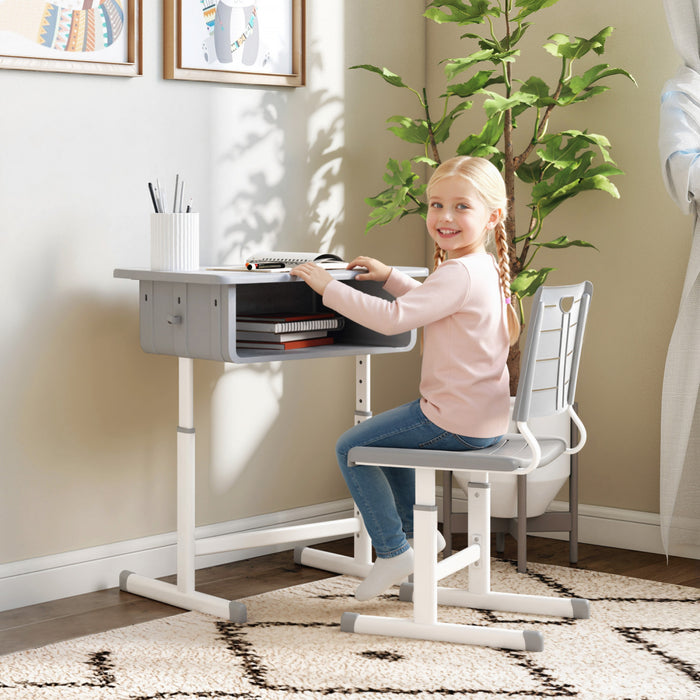 Qaba Kids Desk and Chair Set, Height Adjustable Children Study Desk and Chair with Large Drawer, School Writing Study Table for Bedroom and Study Room, Grey