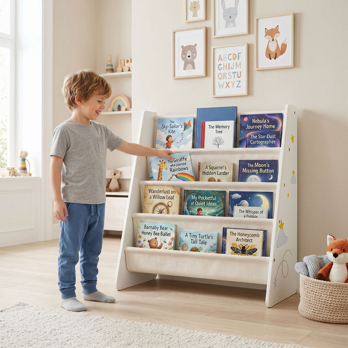 Qaba Fabric Kids Bookshelf, 4-Tier Toddler Sling Book Rack for Playroom, Bedroom, Nursery and Kids Room, Toddler Bookcase for Ages 3-6, White