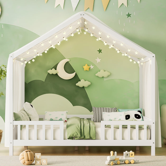 Paul Montessori Floor Bed with Canopy and High Railings,Full Size,White Full Bed