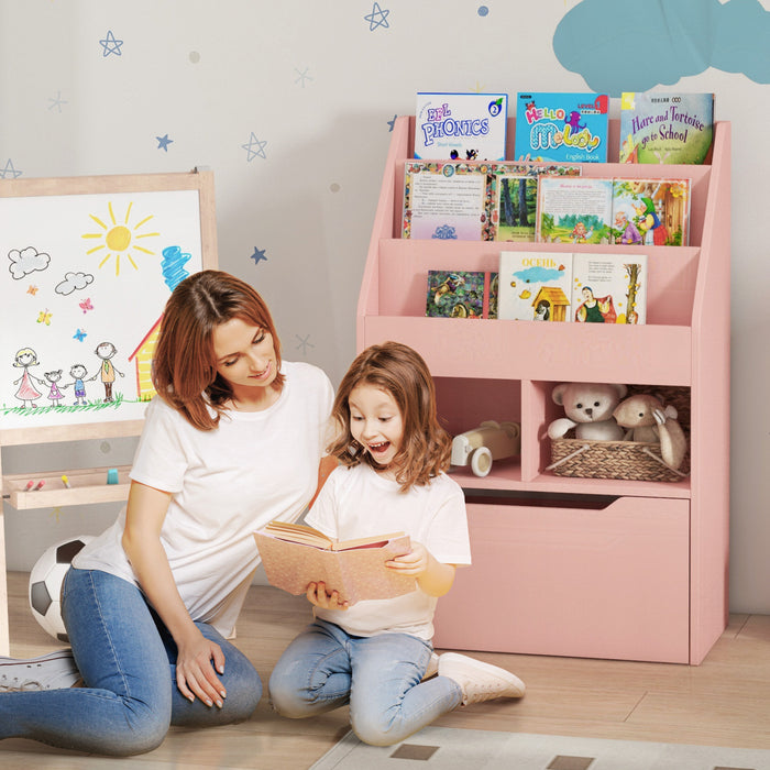 Homcom Kids Bookcase Multi-shelf Rack Organizer With Storage Drawer For Books For Reading Nook, Classroom, Bedroom, Playroom, Pink