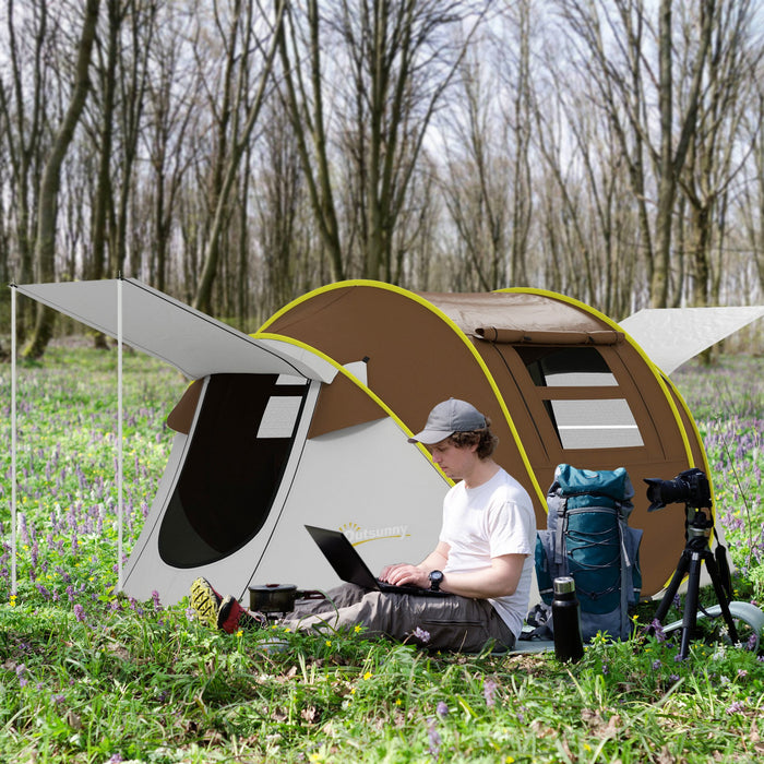 Outsunny Pop Up Camping Tent With 2 Porch, 3000mm Waterproof, Brown