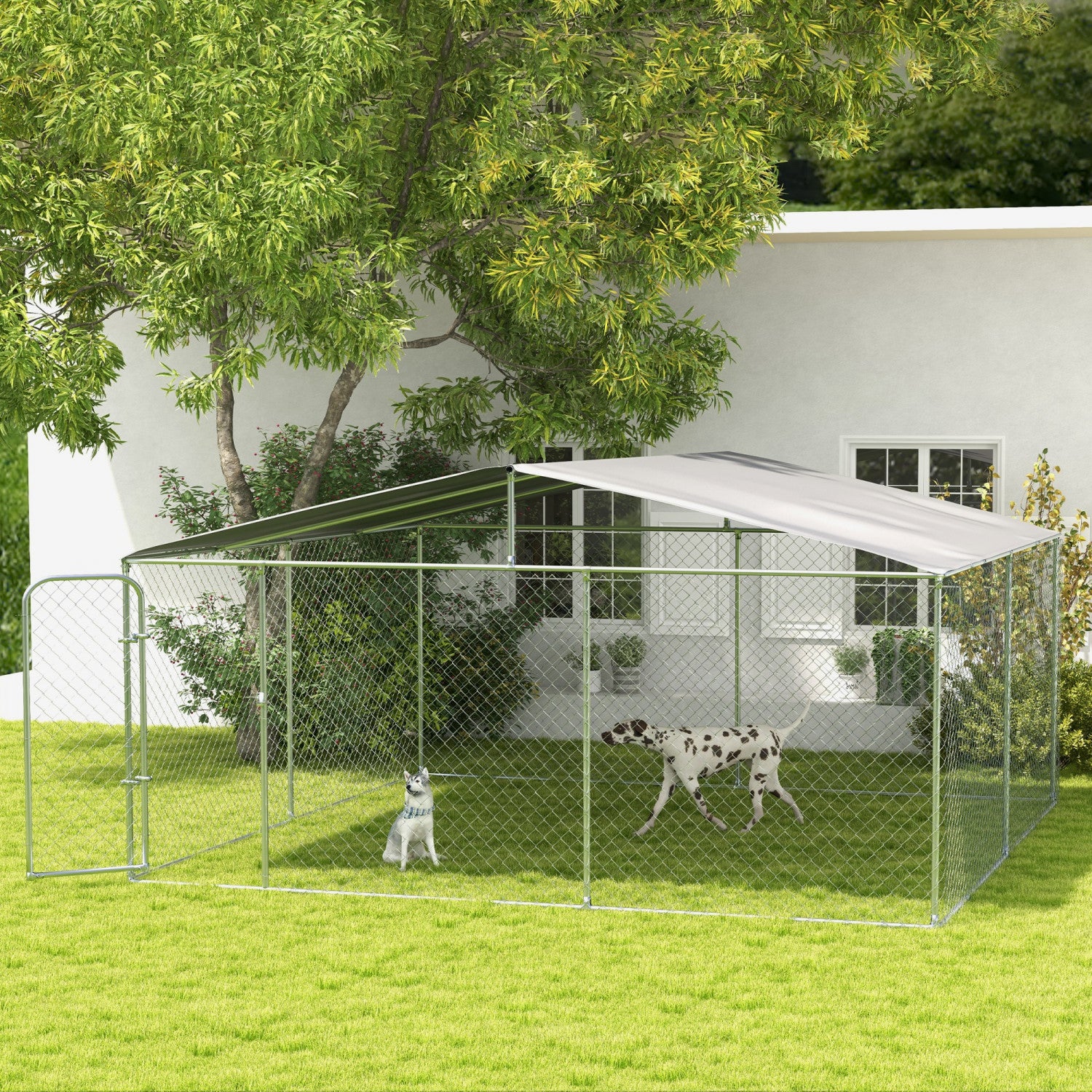 Pawhut Dog Kennel Outdoor Run Fence With Roof, Steel Lock, Mesh