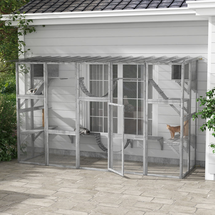 Pawhut Catio, Large Outdoor Cat Enclosure With Cat Condos, Platforms, Ladders, Doors, Weather-resistant Roof, Wooden Cat Cage For 1-4 Cats, Grey