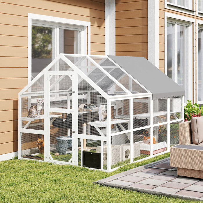 PawHut Extra Large Catio Outdoor Cat Enclosure, 110\"L Wooden Feral House with Weatherproof Canopy, Bridges, Resting Boxes, Platforms, Walk in Cat Cage for 3–6 Cats, White