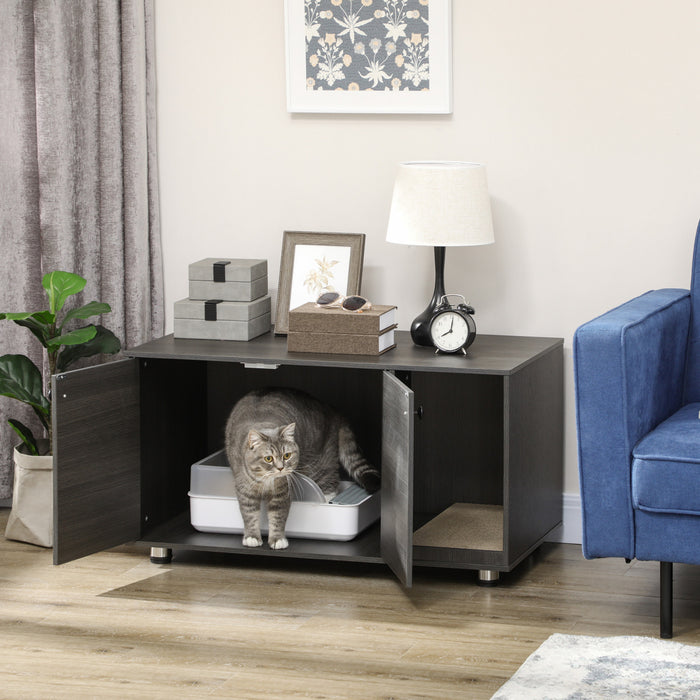 Pawhut Cat Litter Box Enclosure, Industrial Hidden Cat Washroom Furniture, End Table With Double Doors And Scratching Pad For Living Room, Bedroom, Hallway, Black
