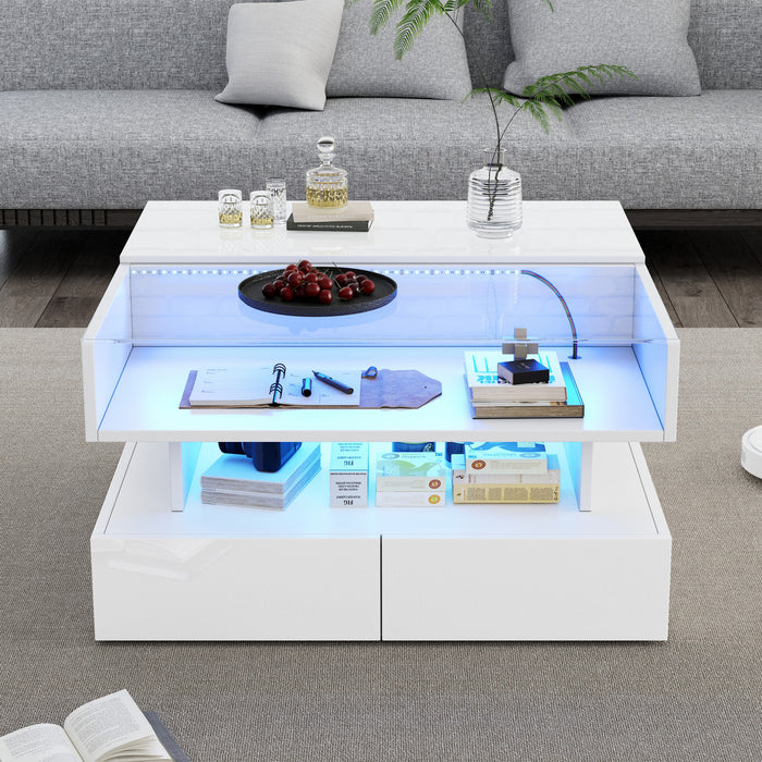 Oliver Lift-Top Coffee Table with LED Lighting and Glass Tabletop,White