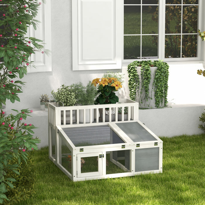 Pawhut Rabbit Hutch Outdoor Indoor With Storage Shelf, Wooden Bunny Cage Guinea Pig Cage With Run, Openable Tops, For 1-2 Rabbits, 37\" X 35\" X 24\", Grey