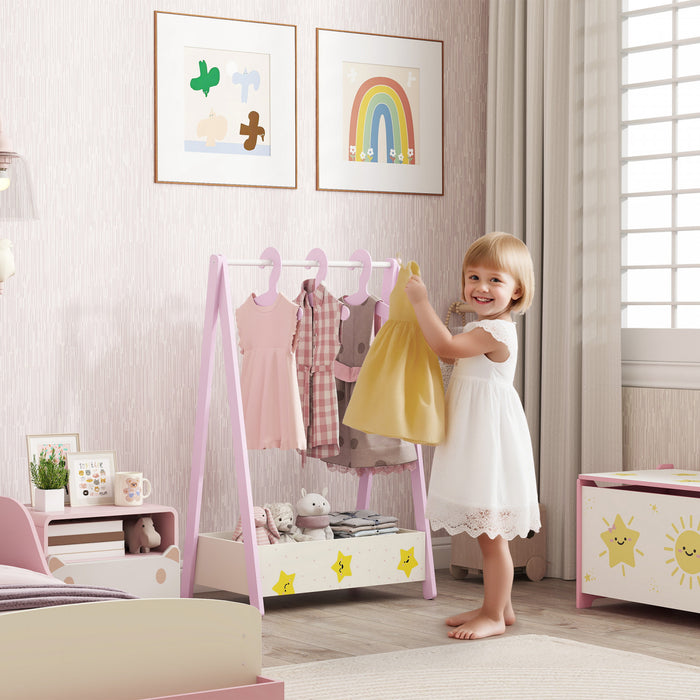 Qaba Kids Clothing Rack with Storage Shelf, Star Theme Kids Dress Up Rack with Hangers, Child Garment Hanger for Nursery Room, Living Room, Playroom, Pink