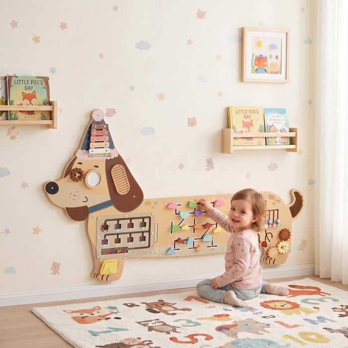 Qaba Dachshund Activity Wall Busy Board, Wooden Montessori Sensory Toys for 1.5-6 Y, Interactive Learning Activity Center for Playroom Nursery, Educational Toys for Toddler