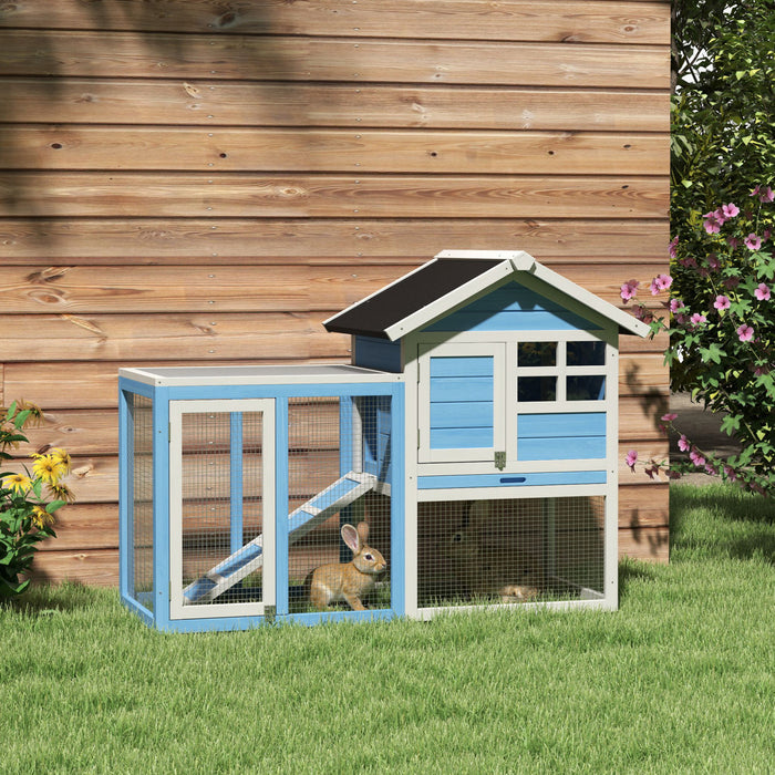 Pawhut 48\" Weatherproof Wooden Rabbit Hutch With Slant Roof And Screened Outdoor Run, Light Blue