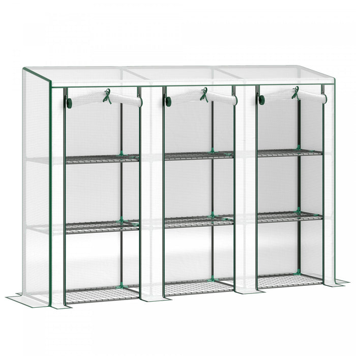 Outsunny Lean-to Mini Greenhouse W/ 3 Tier Shelves, 3 Roll-up Doors, White
