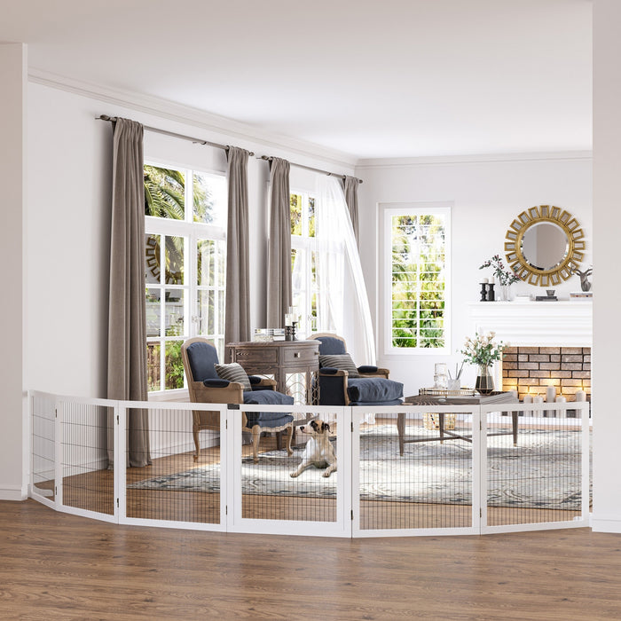 Pawhut Wooden Pet Gate, Dog Safety Barrier, Freestanding Foldable Fence, W/ 6 Panels, 2 Support Feet, For House Doorway Stairs, Small & Medium Dogs, White
