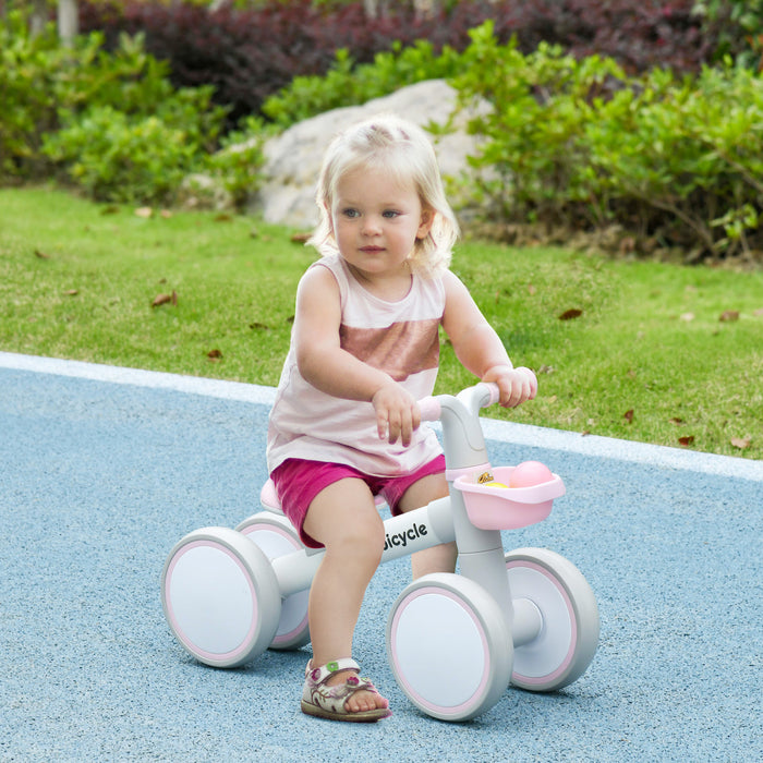 Qaba Baby Balance Bike, Toddler Balance Bike For 12-36 Months With Adjustable Seat, Removable Basket, 4 Silent Wheels, No Pedal Baby Bike For Boys And Girls, Pink