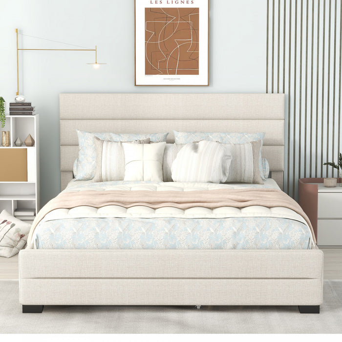 Sophie Linen-look Fabric Upholstered Platform Bed With Trundle And Storage Drawers, Queen Size, Beige