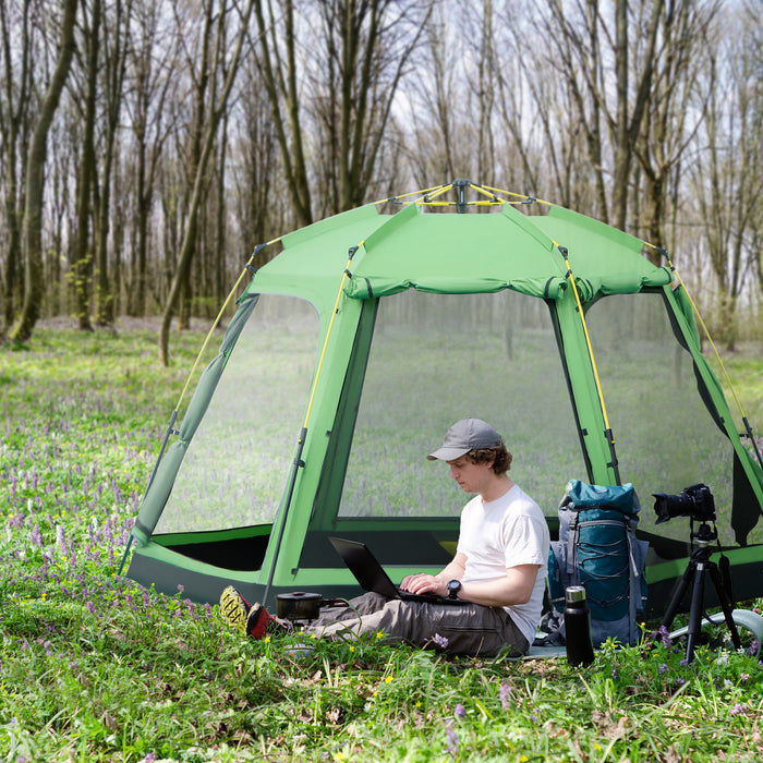 Outsunny 6 People Pop Up Design Camping Tent, 2-tier Fabric Backpacking Tent With 4 Windows 2 Doors Portable Carry Bag For Fishing Hiking, Green